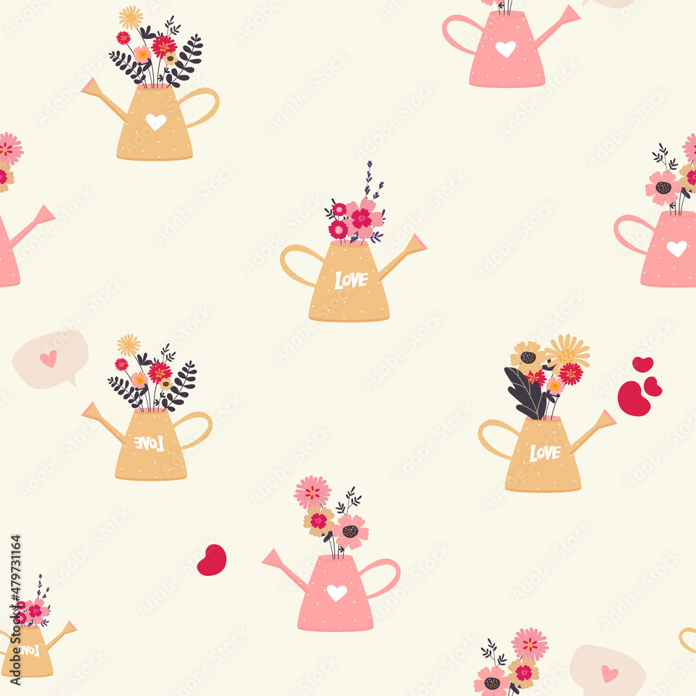 Cute beautiful flowers in a pink watering can. Vector seamless pattern in a flat style on a white background. Floral decorative wallpaper with hearts. for valentine's day, wedding. packaging, paper