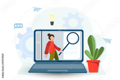 Young happy woman holding magnifying glass and examining check list or document, business analysis, audit, research concept, online conferencing concept, flat vector illustration