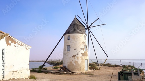 windmill during sunset   Traditional salt marsh in San Pedro  Costa Calida  Murcia La Manga Spain