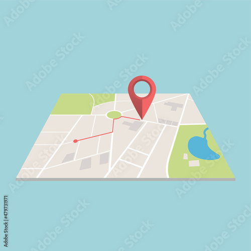 City map with red pin pointer and suggested way to go to goal, vector illustration