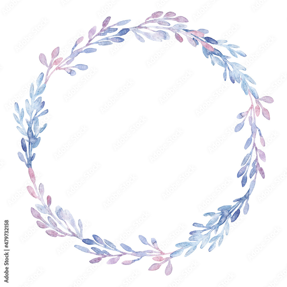 Beautiful image with gentle watercolor hand drawn purple flowers wreath. Stock illustration.