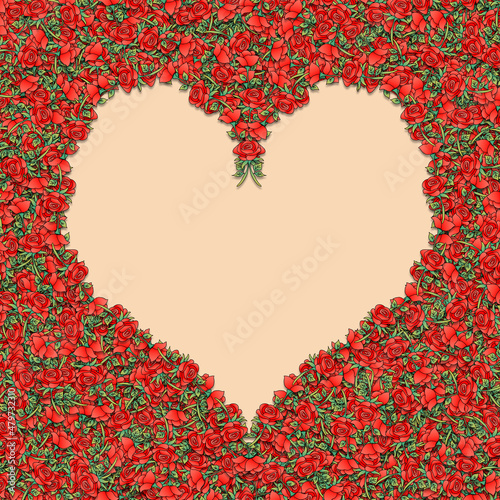 Illustration of roses as a border to form a heart shape on a cream background with space for text.  Love concept.