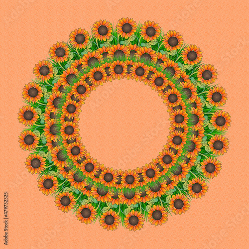 Illustration of colorful yellow and orange sunflowers as a wreath on an orange background with space for text.