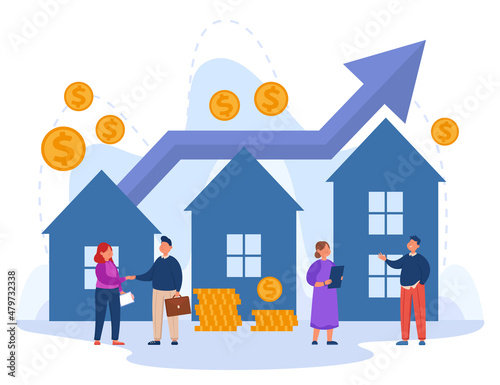 Real estate deals between agent and client shaking hands. People buying and building houses during market growth flat vector illustration. Investment in construction, rent, property concept