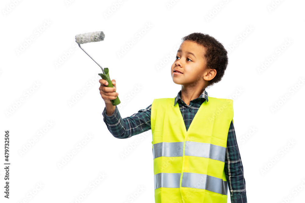building, construction and profession concept - smiling little boy in yellow safety vest with paint roller painting something imaginary over white background building, construction and profession concept - smiling little boy in yellow safety vest with paint roller painting something imaginary over white background