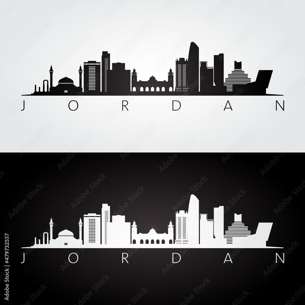 Jordan skyline and landmarks silhouette, black and white design, vector illustration.