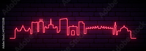 Red neon skyline of Bucharest. Bright Bucharest City long banner. Vector illustration.