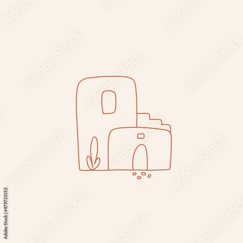 Vector outline illustration of an old house in desert.