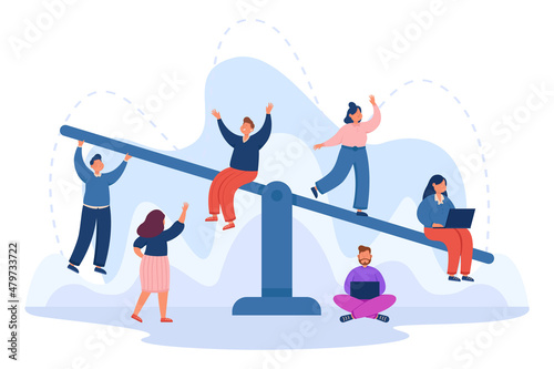 Analysis of advantages from employees with unbalanced scales. Team of happy tiny business people on libra seesaw measuring weight flat vector illustration. Comparison, inequality, teamwork concept