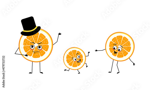Family of orange slice characters with happy emotions, smile face, happy eyes, arms and legs. Mom is happy, dad is wearing hat and child is dancing. Vector flat illustration