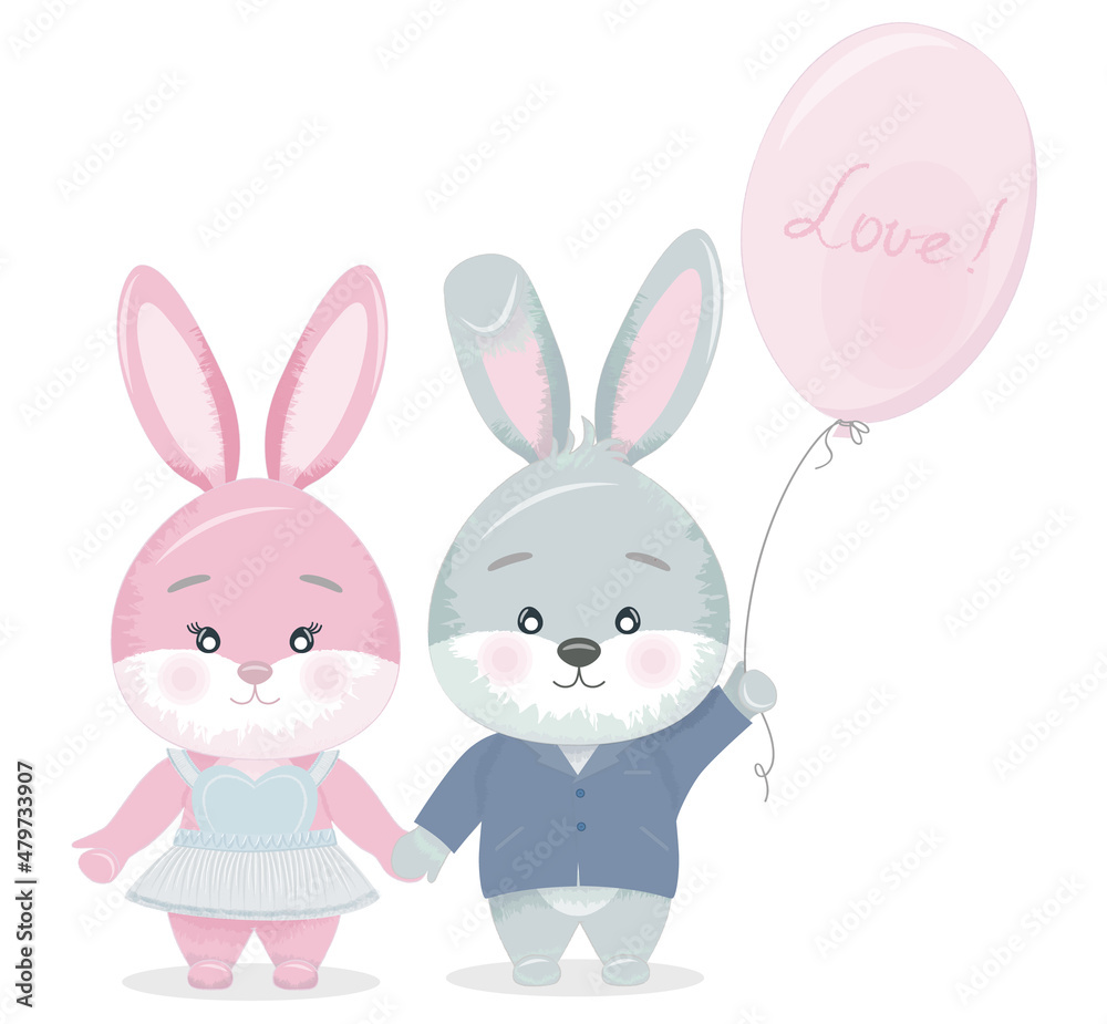 A pair of cartoon bunnies in clothes are holding hands. The blue bunny is holding a balloon. A pair of cartoon bunnies in clothes are holding hands. The blue bunny is holding a balloon.