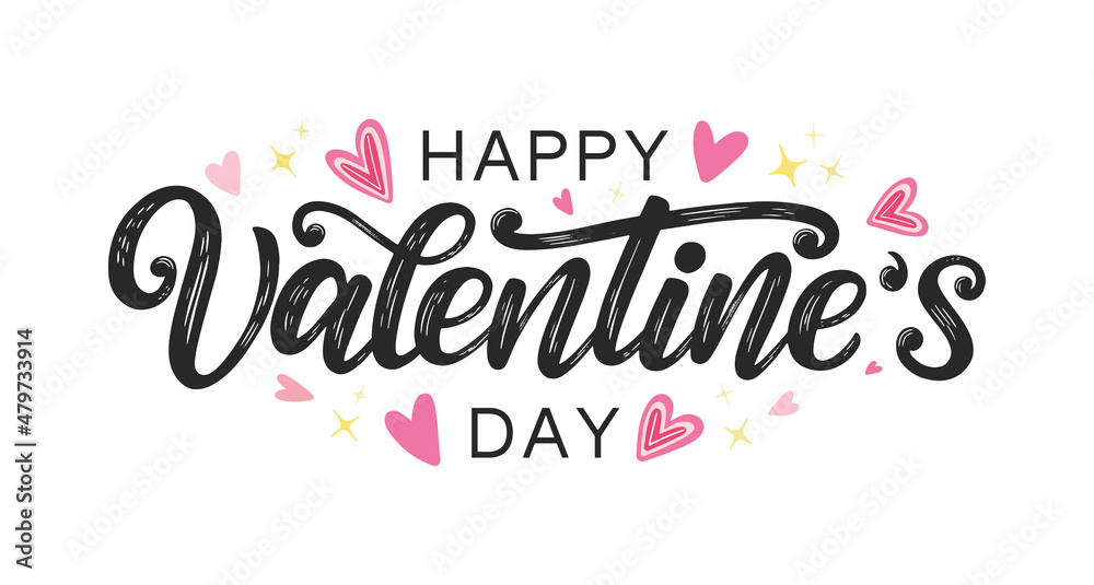 Happy Valentine's day typography banner decorated by hand drawn doodle hearts. Saint Valentine's day hand sketched lettering isolated on white.