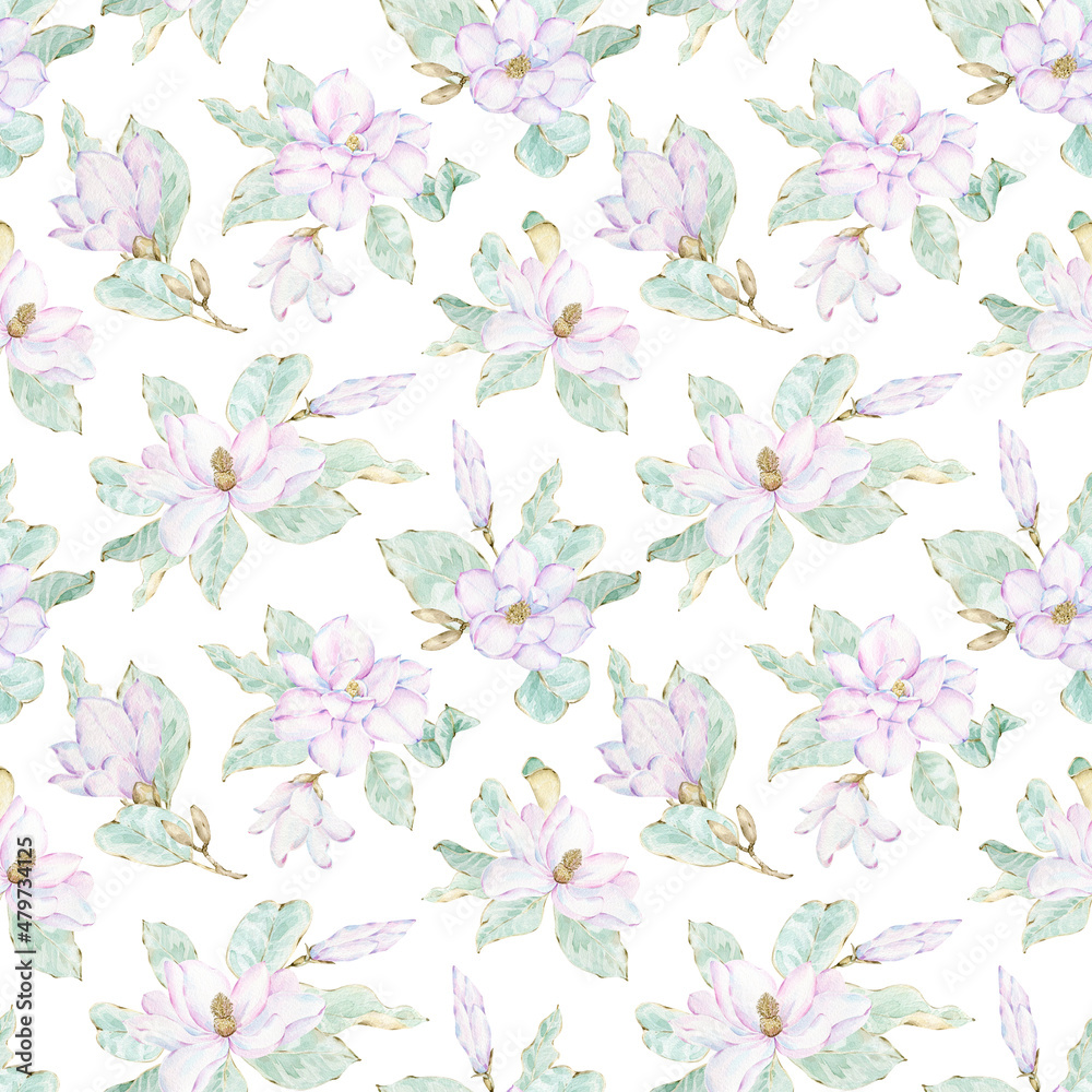 Magnolia flowers background. Watercolor spring floral seamless pattern. Elegant magnolia flowers and leaves. Watercolor style hand drawn background.
