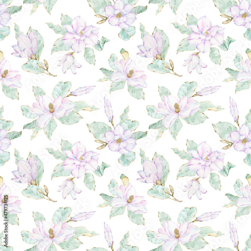 Magnolia flowers background. Watercolor spring floral seamless pattern. Elegant magnolia flowers and leaves. Watercolor style hand drawn background.