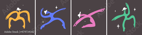 Vector banners set with abstract people dancing on black background. Neon color characters make different dance movement. Disproportionate persons in various pose. Isolated illustration of silhouettes