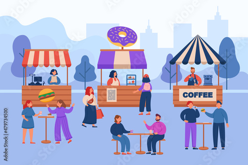 People eating fastfood on fest food court and street market. Male and female buyers buying coffee and burgers in cafe and coffeeshop kiosks of summer park flat vector illustration. Hospitality concept