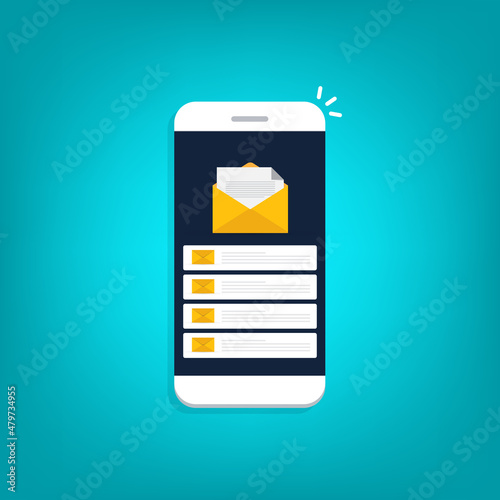 Email service. Mobile smartphone with mail app. Mail service concept.