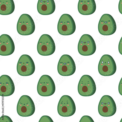 Cute kawaii flat green avocado smiling with eyes pattern. Cute childish berry. Isolated flat fully editable illustration on white background.
