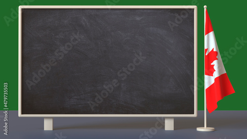 School board with space for text or logo next to a Canada table flag on a neutral background. 3D rendering. Layout. Blank for design. Isolated. Education, tourism concepts