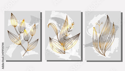 Golden background flowers and herbs vector. Luxurious floral art deco. Golden natural pattern Vector illustration. poster