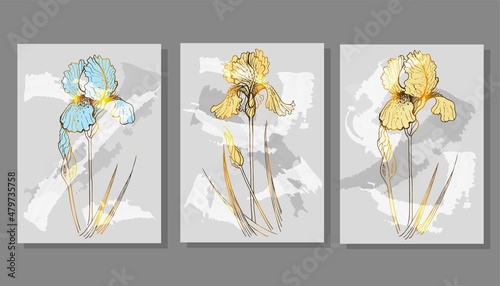 Golden background of iris flowers vector. Luxurious floral art deco. Golden natural pattern Vector illustration. poster
