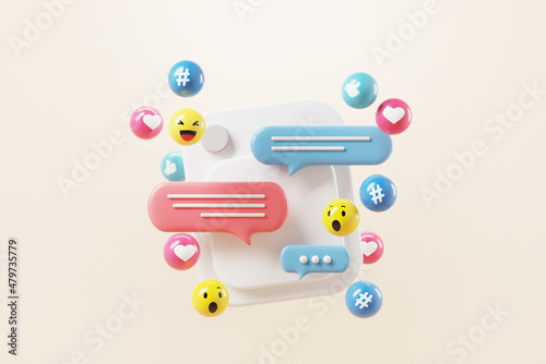 Photo frame with social network Icons, abstract trendy design for social media advertising. 3d render. photo