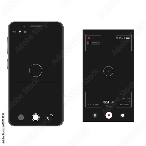 Smartphone vertical camera app on screen. Videocamera overlay on screen. Filming and video recording on phone concept. Photography on mobile phone. Two layouts for phone video and photo rec.