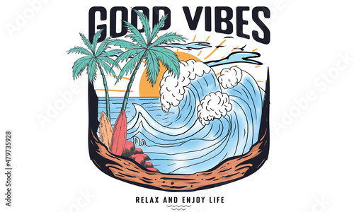 Summer good vibes graphic print design for t shirt print, poster, sticker, background and other uses. Water wave watercolor retro artwork.