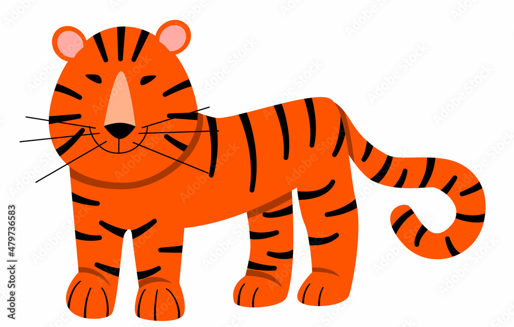 Vector illustration of a striped tiger in a flat style isolated on a white background.