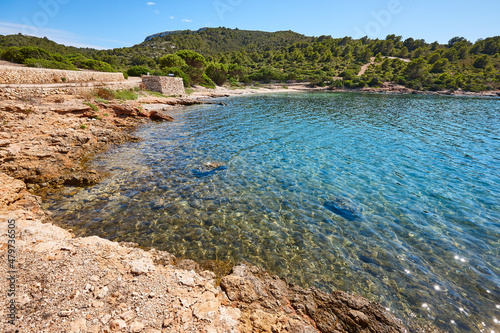 Turquoise waters in Cabrera island shoreline landscape. Balearic archipelago. Spain © h368k742