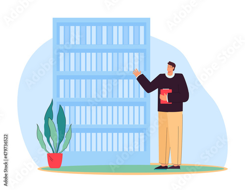 Male teacher or professor standing next to bookcase. Man with collection of books on shelves in library flat vector illustration. Education, knowledge, literature concept for banner, landing web page