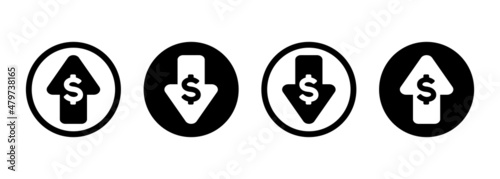Dollar appreciation icon set. Money symbol with a stretching up and down arrow. The business cost of selling. Increase in wages. Investment growth. Vector on isolated background. EPS 10