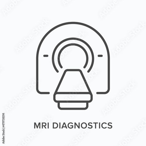 MRI diagnostics flat line icon. Vector outline illustration of tomography equipment. Black thin linear pictogram for medical machine scanner