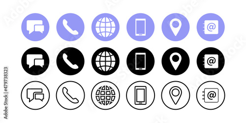 Contact us icon set. Message, phone, web page, geolocation and email icon. Vector on isolated background. EPS 10