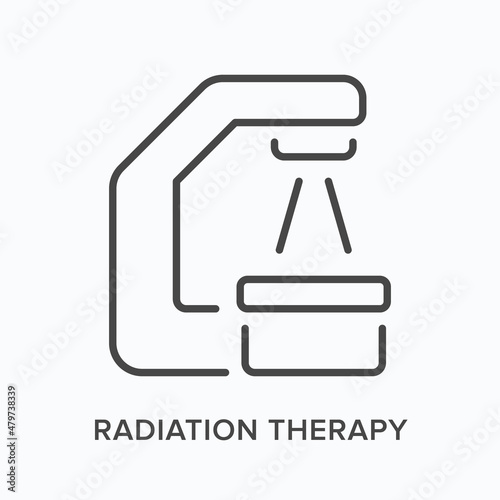 Radiation therapy flat line icon. Vector outline illustration of radiologist equipment. Black thin linear pictogram for medical scanner