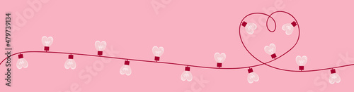 Happy Valentines Day. Heart Christmas light. One line garlannd string. Glowing lamp light bulb. Continuous line art. Black hearts. Decoration element. Love sign symbol Pink background.