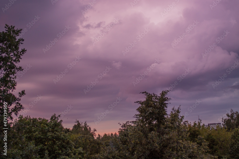 Violet sunset with clouds