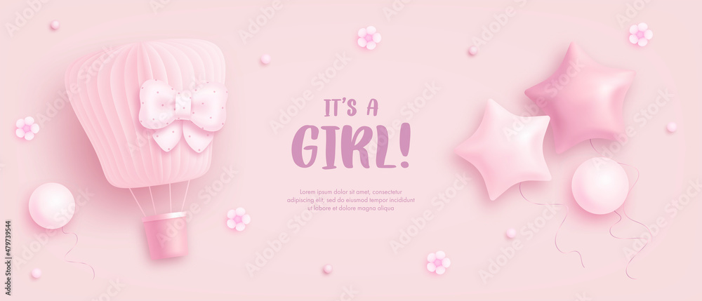 Baby shower horizontal banner with cartoon hot air balloon, helium balloons and flowers on pink background. It's a girl. Vector illustration Baby shower horizontal banner with cartoon hot air balloon, helium balloons and flowers on pink background. It's a girl. Vector illustration
