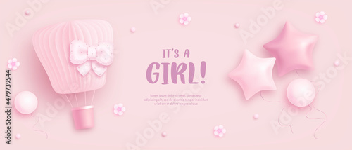 Baby shower horizontal banner with cartoon hot air balloon, helium balloons and flowers on pink background. It's a girl. Vector illustration