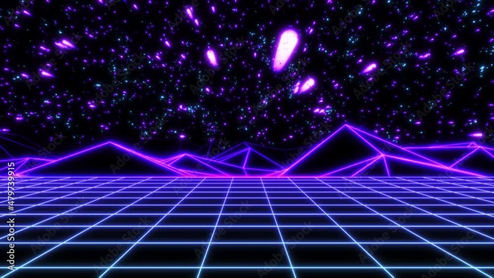 Concept 18-N1 Infinite abstract neon retrowave looping animated background with moving grid floor, moving terrain and stars movement.