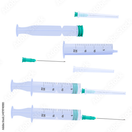 Disposable plastic medical syringe with needle in flat style. Medical instrument for injection. Isolated vector illustration.