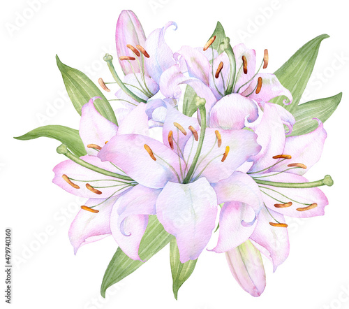 Bouquet white lilies, pink lilies, flowers and buds watercolor flower arrangement