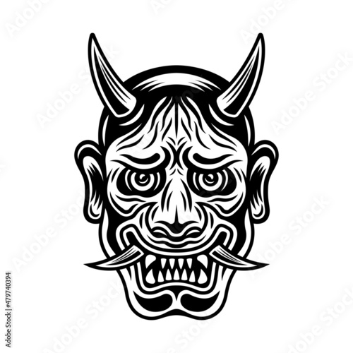 Hannya japanese theatre mask with horns, demon face vector illustration in vintage monochrome style isolated on white background