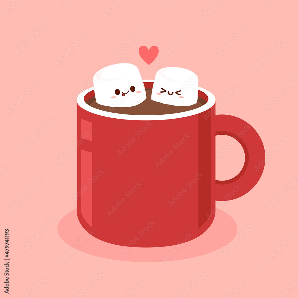 Funny Marshmallows characters and cup of coffee. Marshmallows character design. Dessert cartoon. Funny Marshmallows characters and cup of coffee. Marshmallows character design. Dessert cartoon.