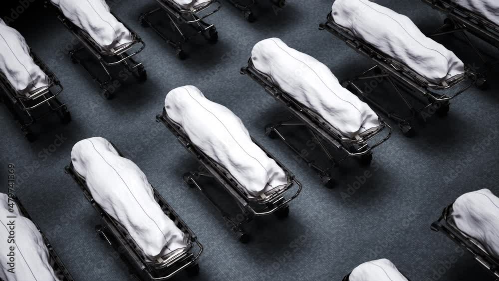 An infinite number of dead bodies covered with cloth in the mortuary. Morgue