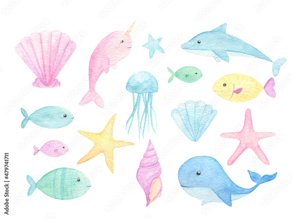 Ocean creatures watercolor cute illustrations with whales, fish, seashells isolated on white background. Perfect for kids textile, fabric, covers, baby shower invitations, cards.  Soft light colors. 