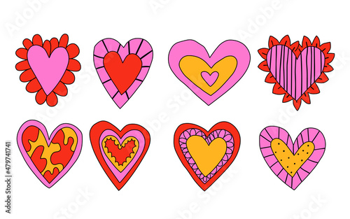 vector set of valentines in hippie style.Vintage heart shapes with flowers and shapes.Love message sticker.Vintage postcards in the style of the 60s and 70s.Retro tattoo templates. Funny hand drawn