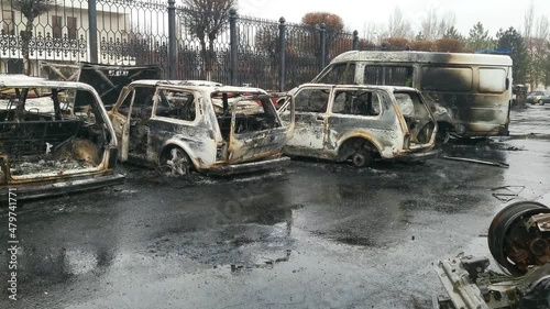 Taraz, Kazakhstan - January 7, 2022 - Burnt out cars after protests and unrest in Kazakhstan