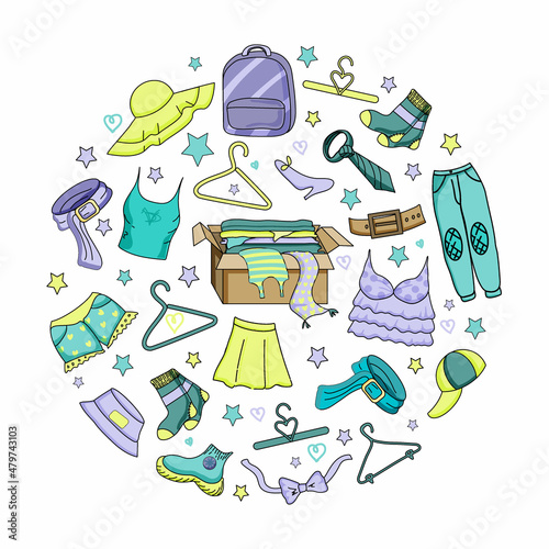 Donation clothing hand-drawn elements in doodle style. Web banner design for a second hand store. Homeless people in need of social assistance. Illustration of men's and women's clothing.