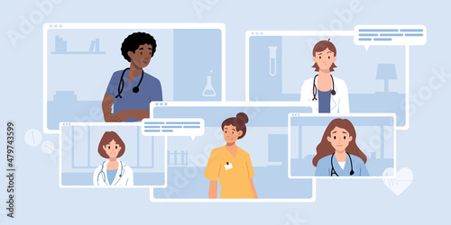 Browser window, computer screen with therapist, hospital staff team. Video call meeting in messenger, online consultation. Banner template. Ask doctor. Medical advise, chat service, telemedicine